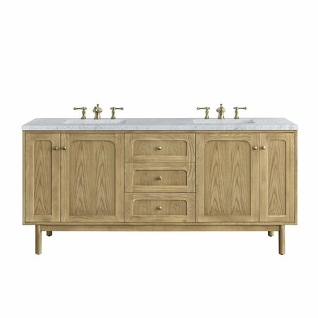 JAMES MARTIN VANITIES Laurent 72in Double Vanity, Light Natural Oak w/ 3 CM Carrara Marble Top 545-V72-LNO-3CAR